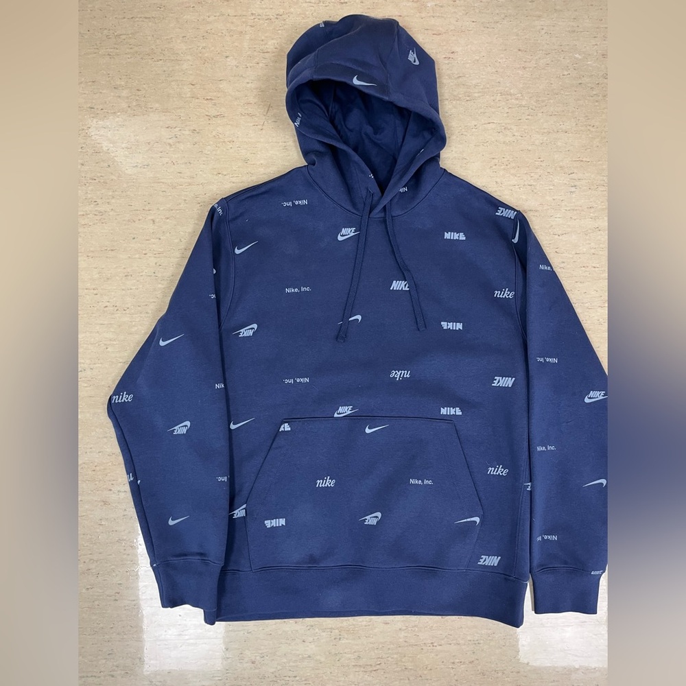 Nike Men's Allover Print Pullover Hoodie in Midnight Navy, size large.